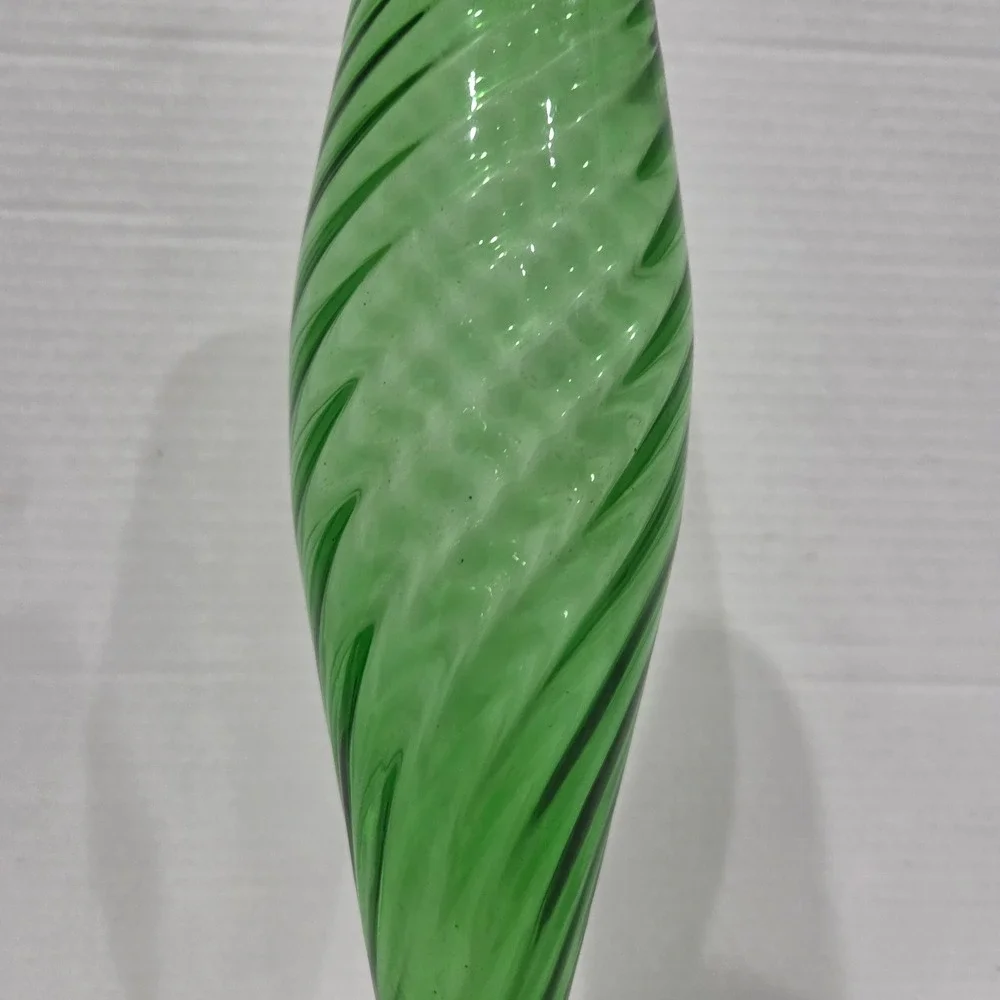 Vintage Emerald Green Optic Swirl Glass Bud Vase Clear Twisted Stem 12.75